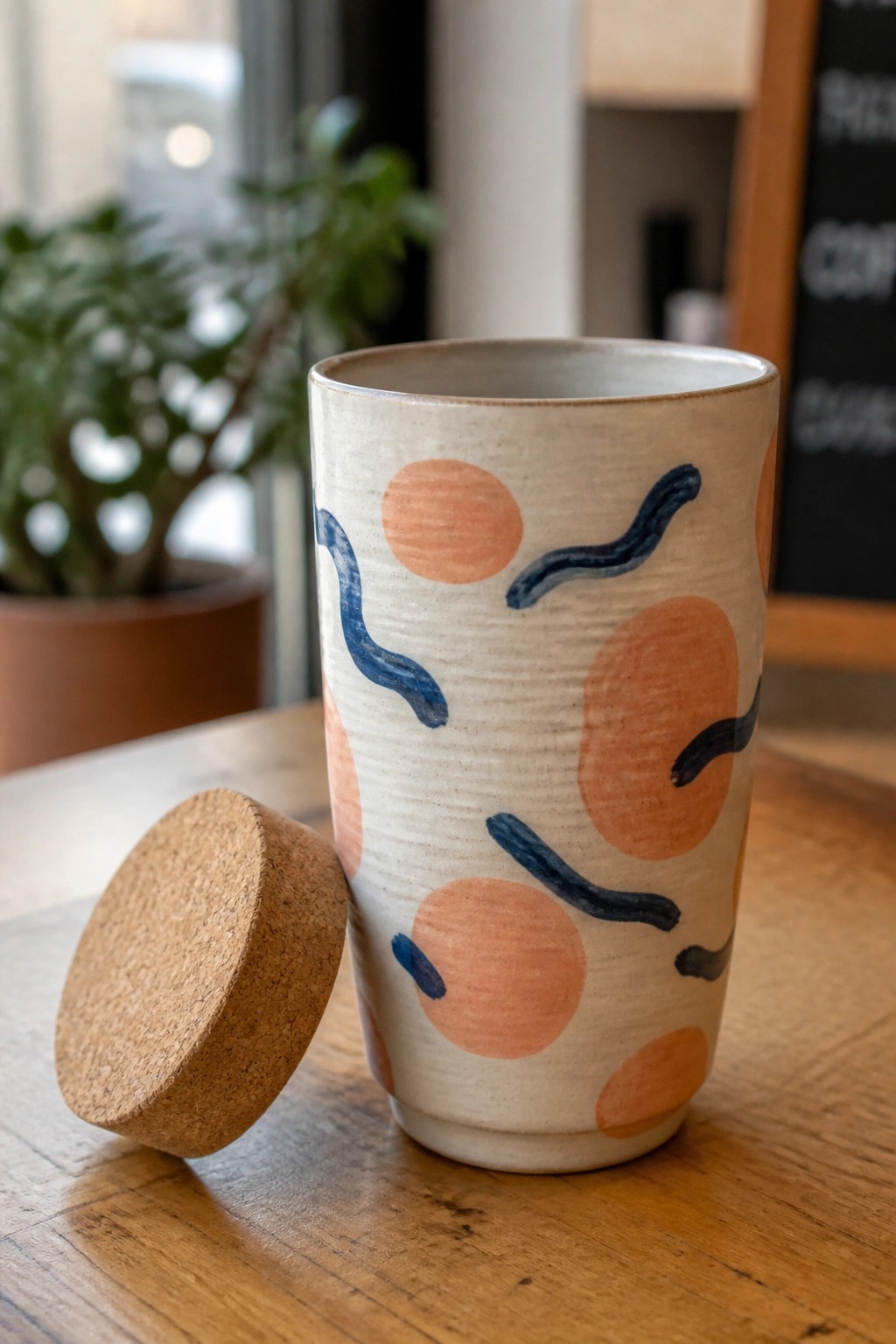 Ceramic mug with peach circles and blue lines next to a cork lid on a wooden table.