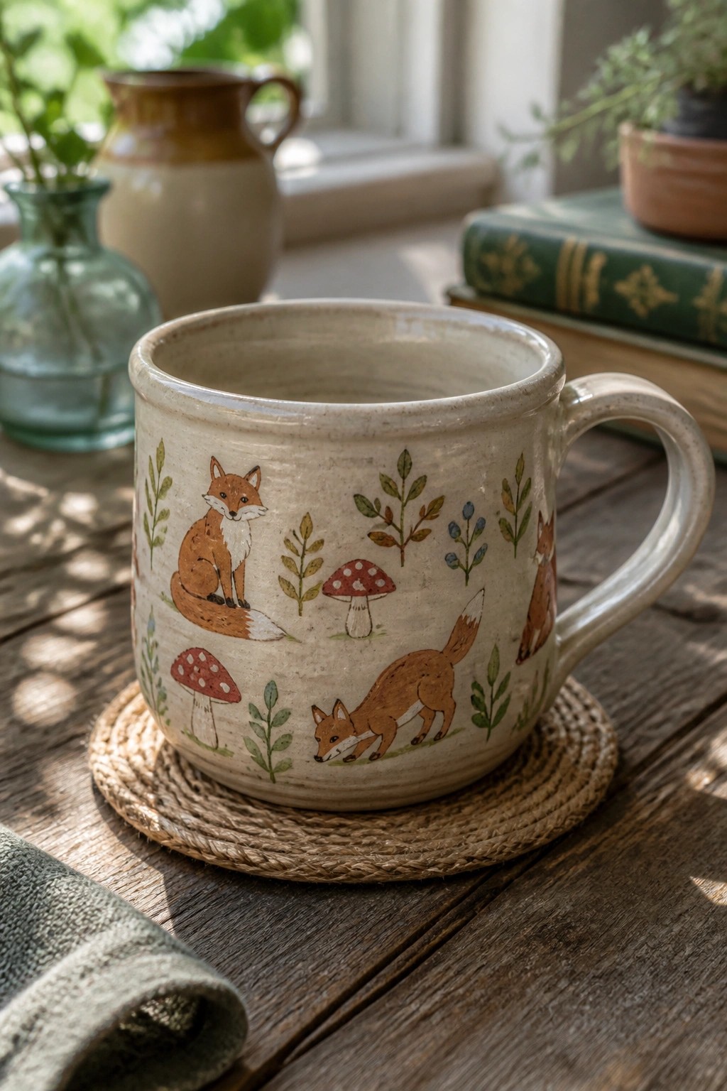 Ceramic mug with fox and mushroom illustrations on woven coaster atop wooden table