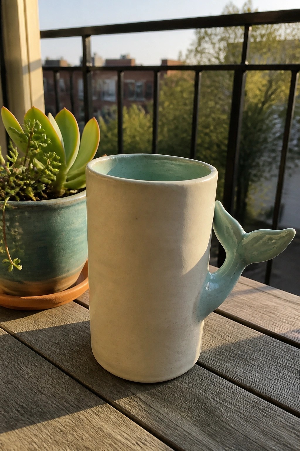 A white ceramic mug with a light blue whale tail handle sits on a wooden table next to a potted succulent plant.