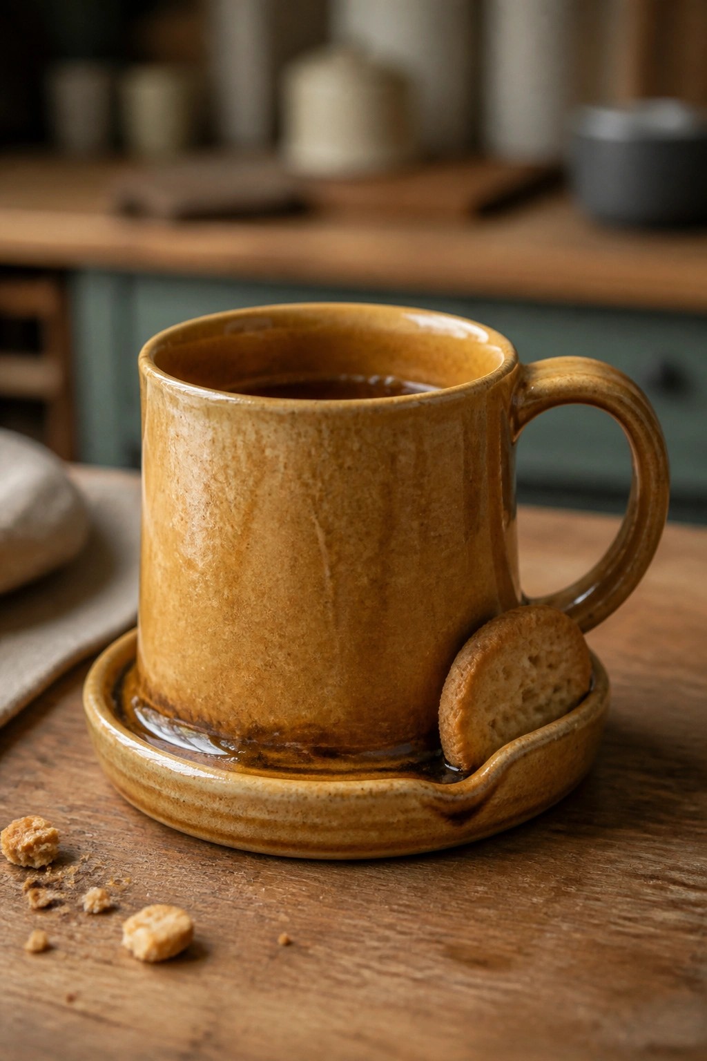 Brown ceramic mug of tea with cookie on saucer atop wooden table
