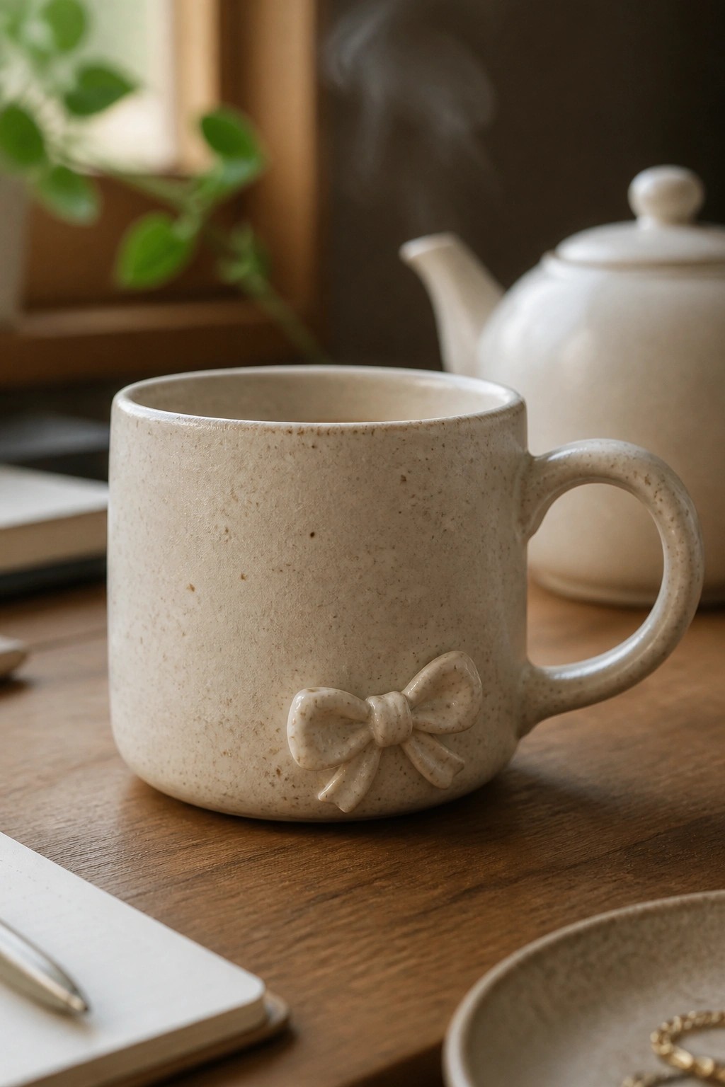 Beige ceramic mug with bow on wooden table beside steaming teapot and notebook