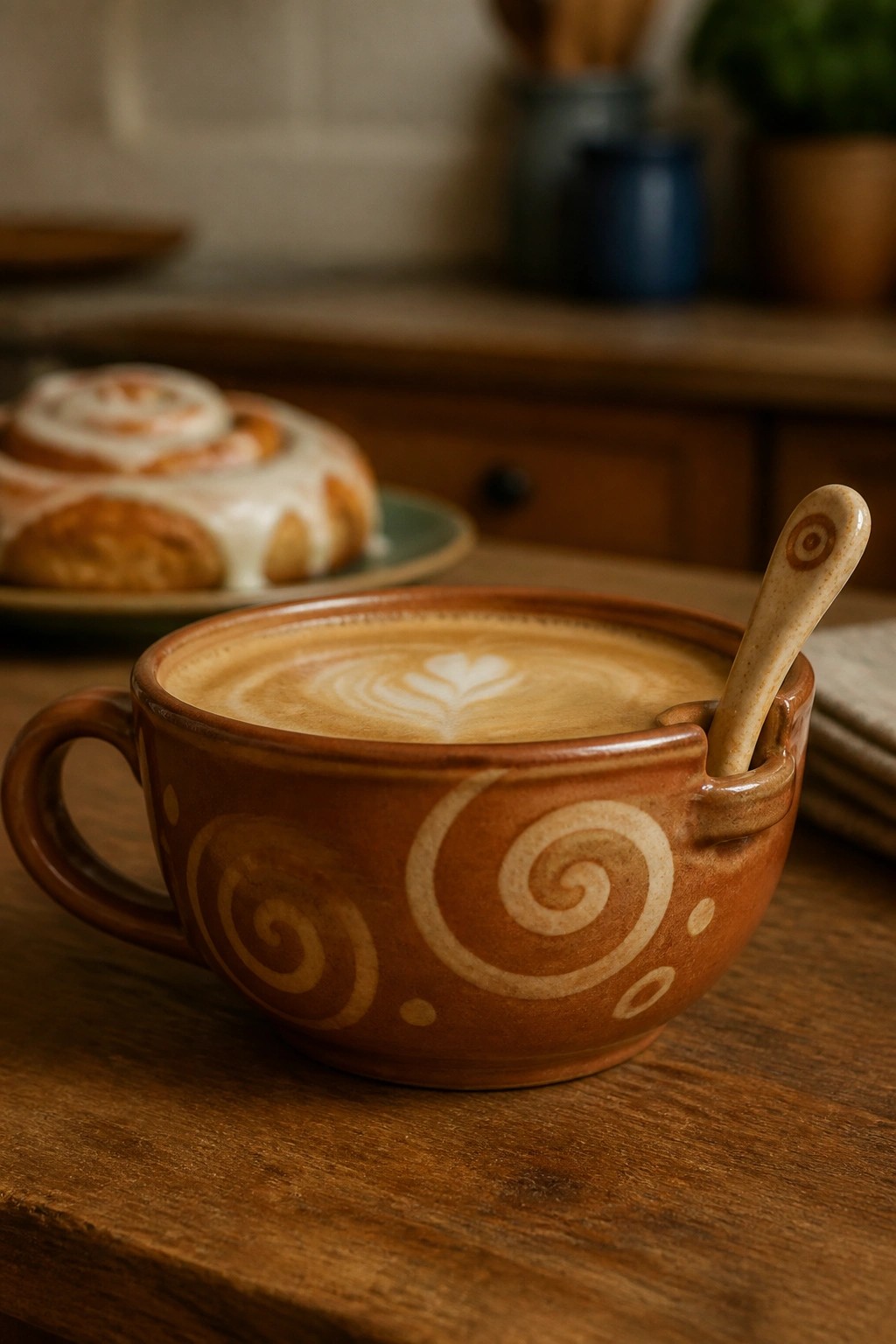 A brown ceramic mug with white spiral patterns holds coffee with latte art and a decorative spoon in its rim notch on a wooden table.