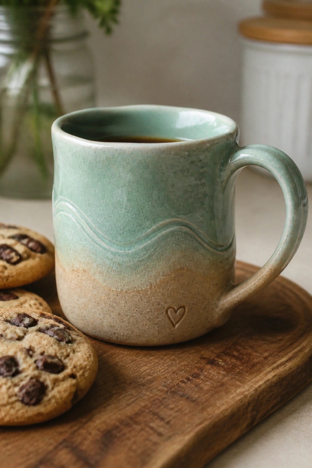 Mint green ceramic mug with wave design and heart beside chocolate chip cookies