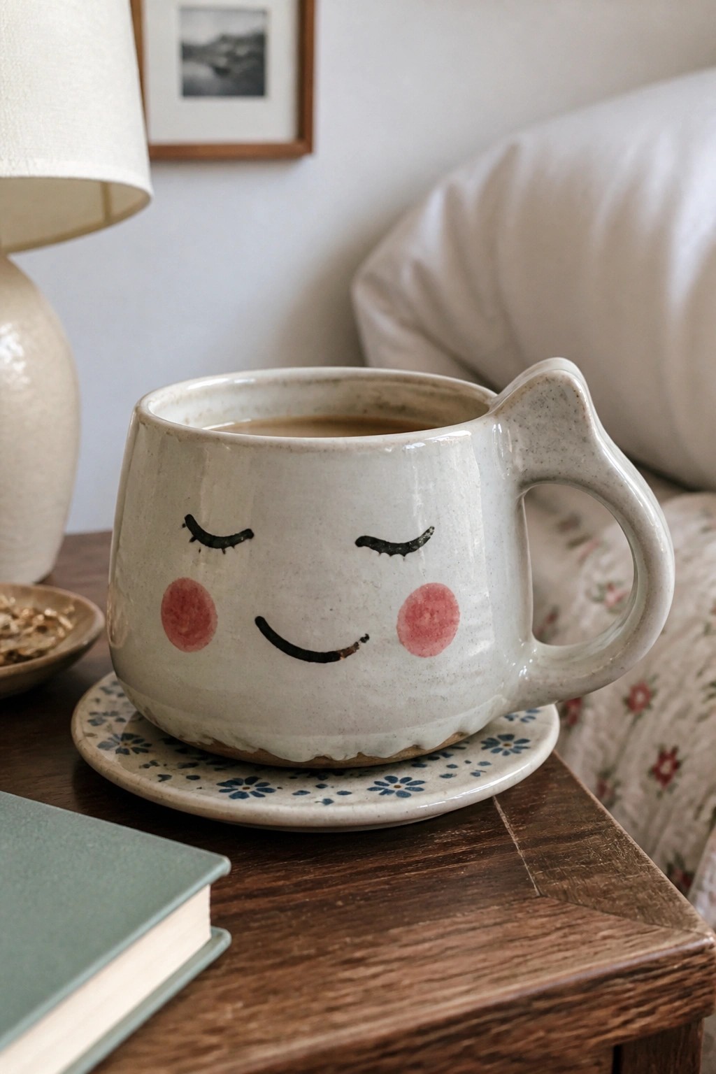 Cute ceramic mug with smiling face on saucer atop wooden table.