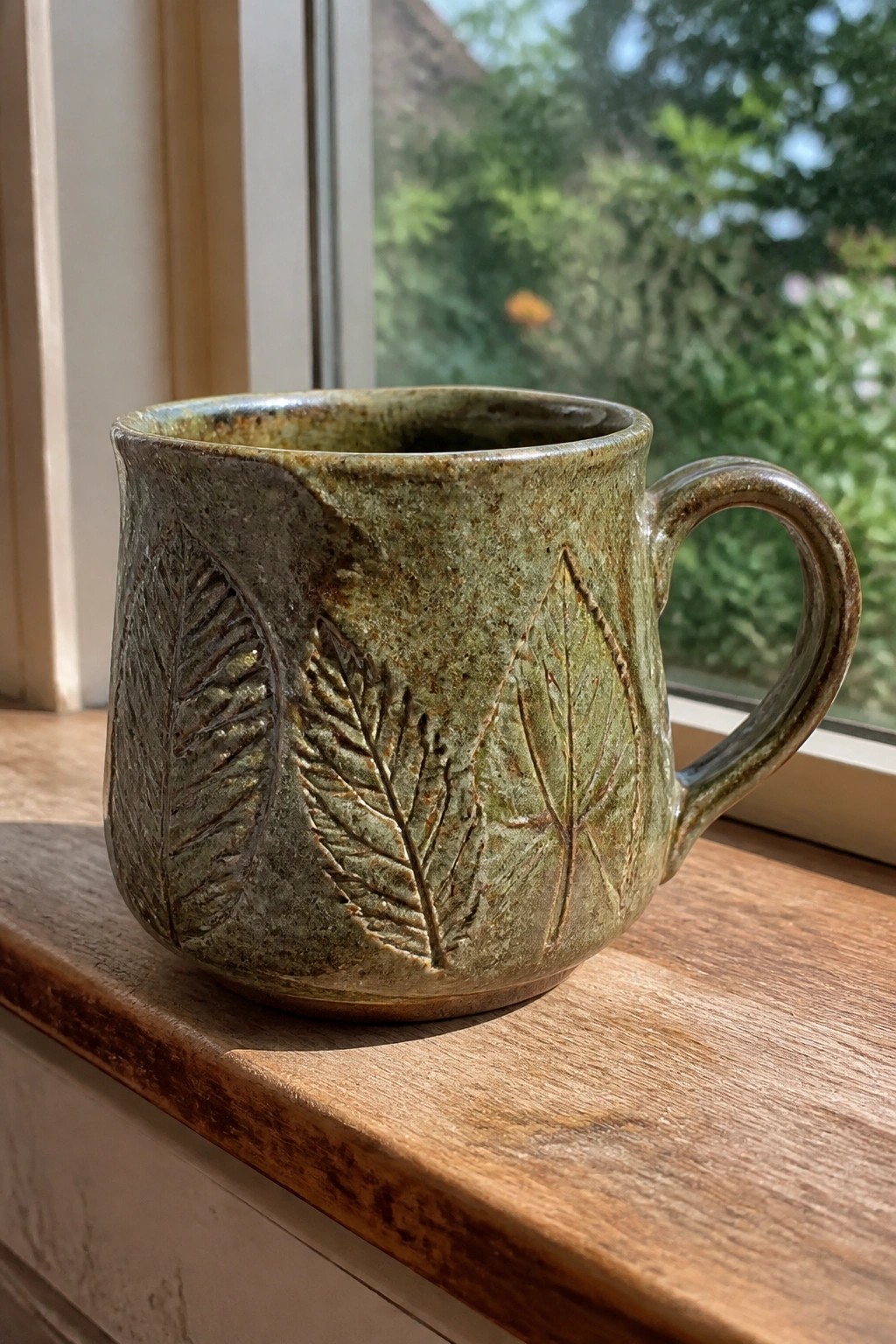 Green ceramic mug with embossed leaves on wooden windowsill by window.