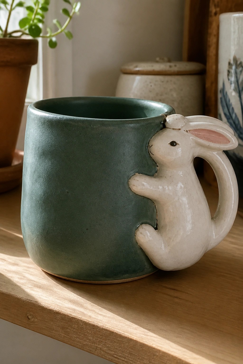 Green ceramic mug with a white rabbit sculpted as the handle sitting on a wooden shelf.