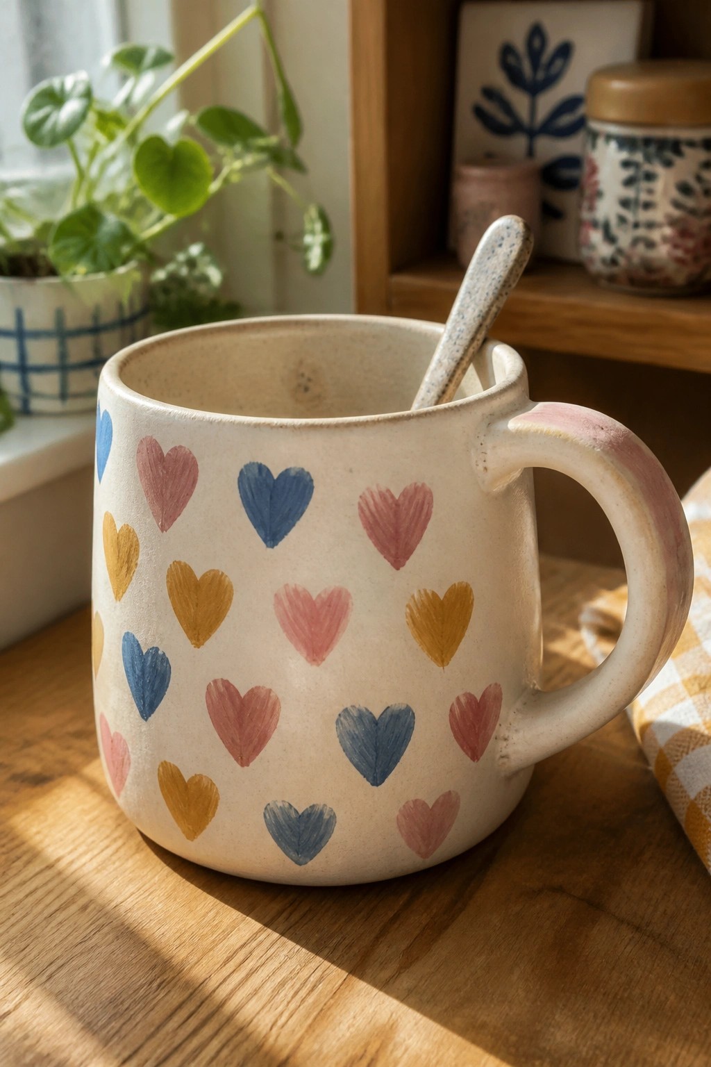Ceramic mug with blue, pink, and yellow hearts and spoon on wooden table