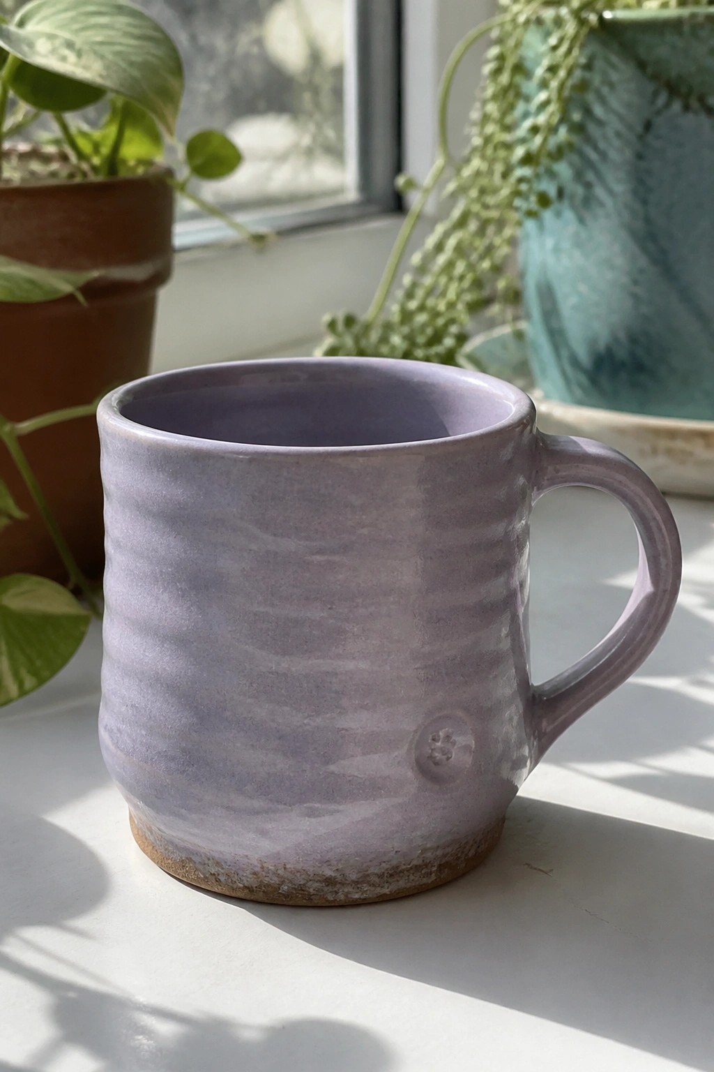 Lavender ceramic mug with paw print on sunlit windowsill amid houseplants