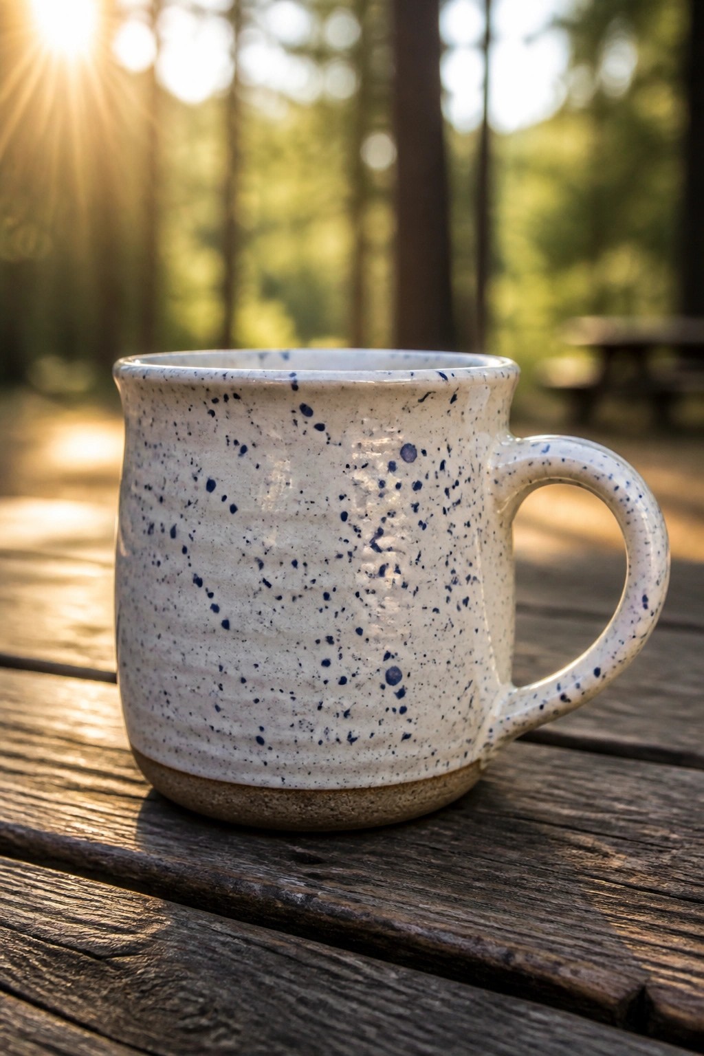 White ceramic mug with blue speckles on sunlit wooden table in forest