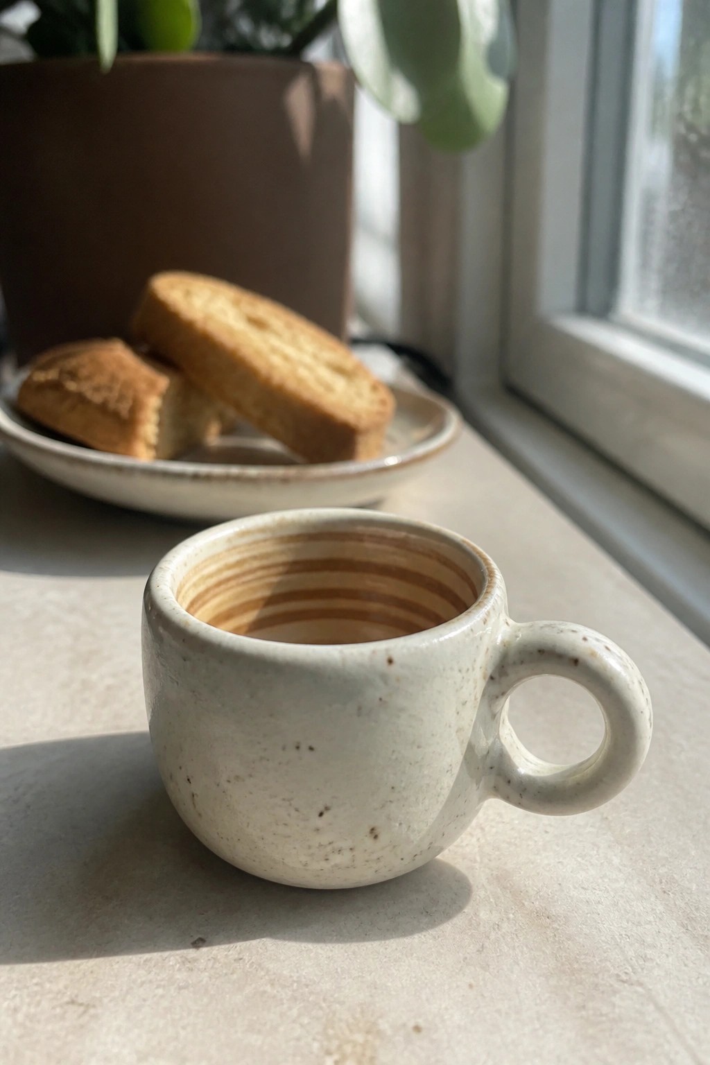 Speckled white ceramic cup on sunny windowsill with plate of pastries behind