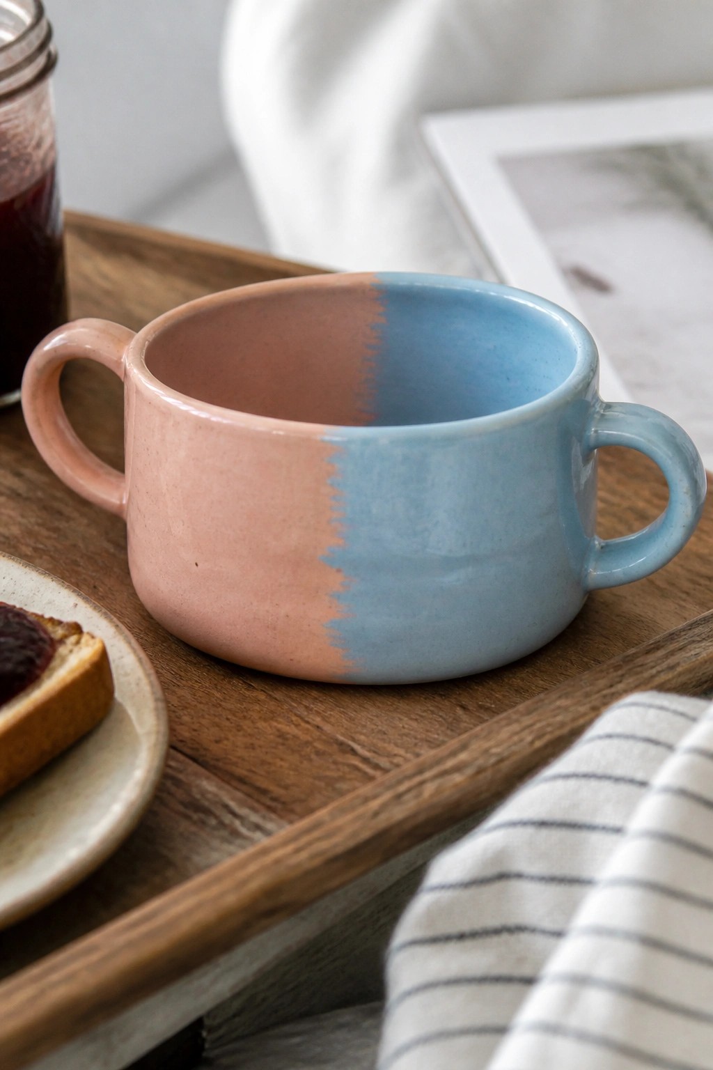 Pink and blue two-toned ceramic mug on wooden tray with toast.