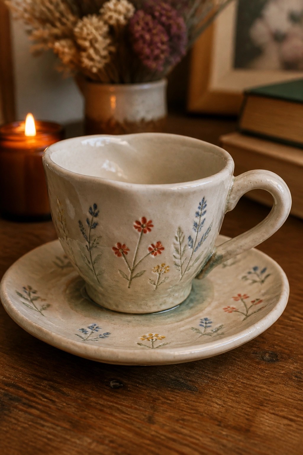 Ceramic floral teacup and saucer on wooden table with lit candle and dried flowers