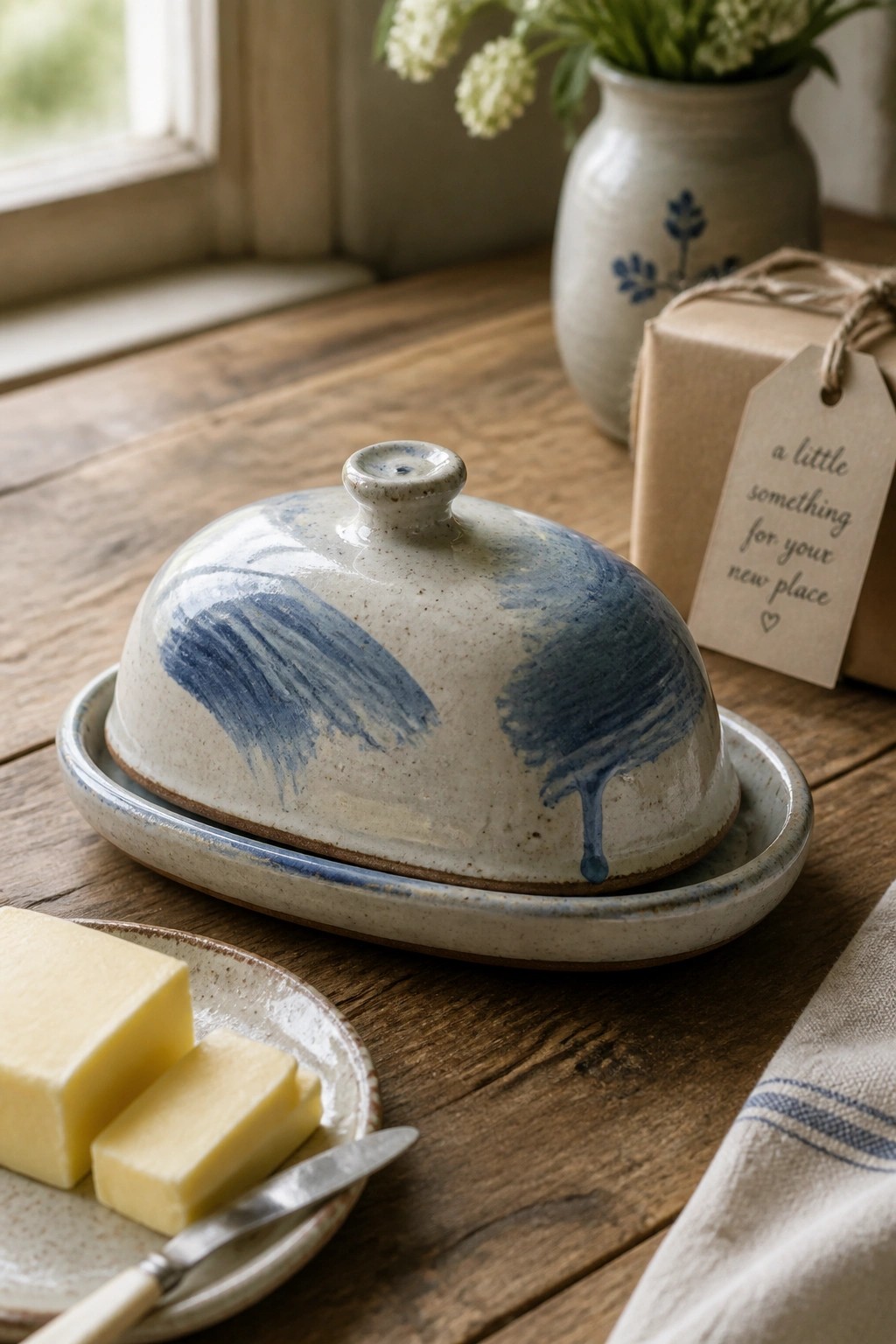 A ceramic butter dish with a domed lid and blue brushstroke glaze rests on a wooden table beside a plate of sliced butter and a butter knife.