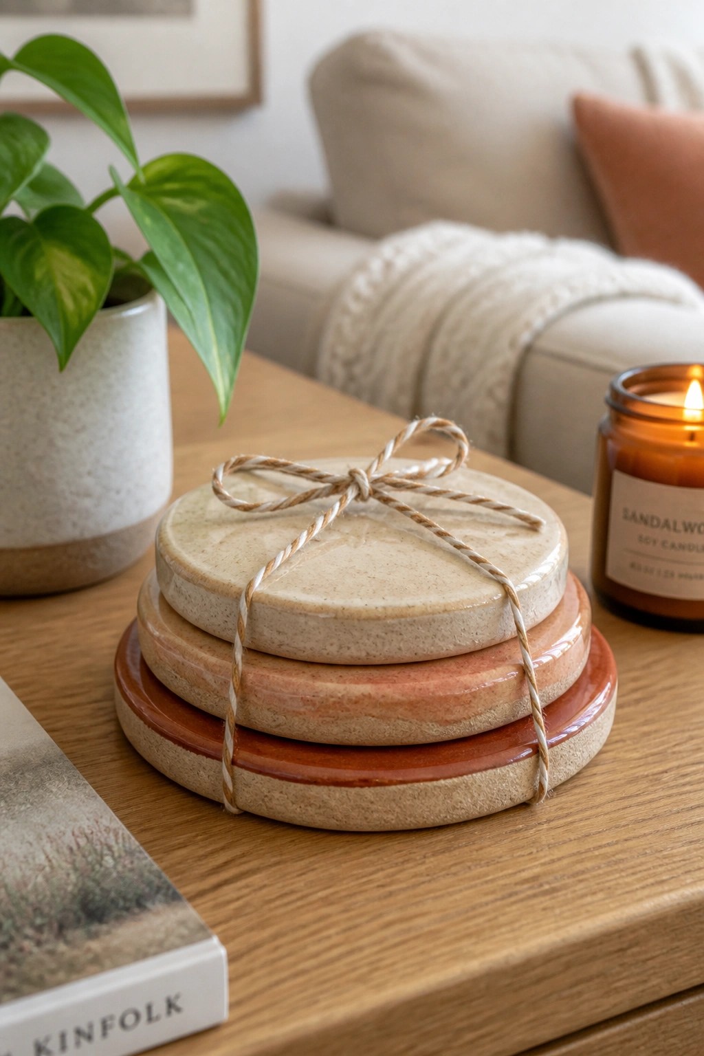 Tied stack of ceramic coasters on wooden table with potted plant and lit candle.