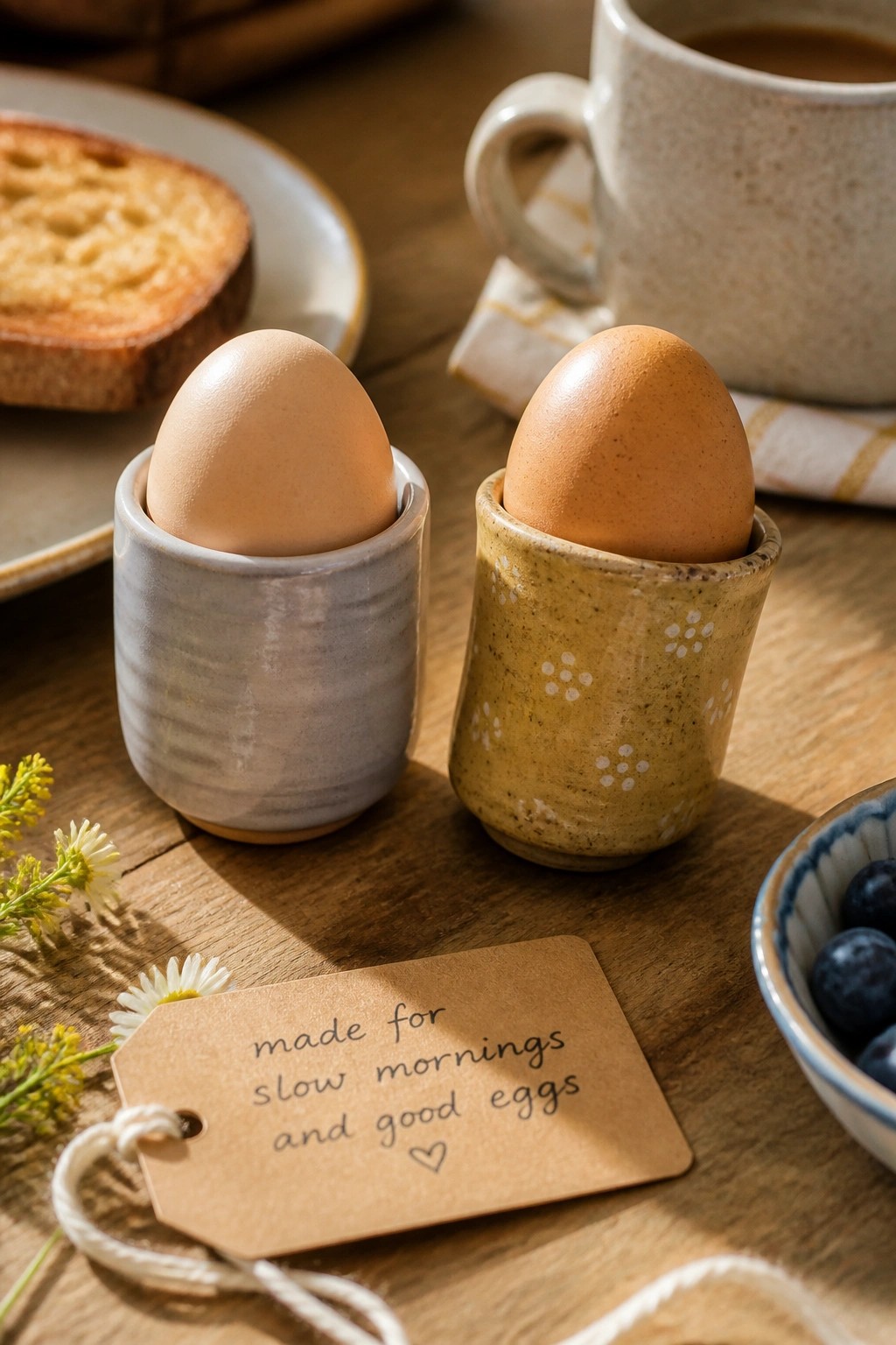 Two eggs in ceramic cups with coffee, toast, blueberries, flowers, and message tag.