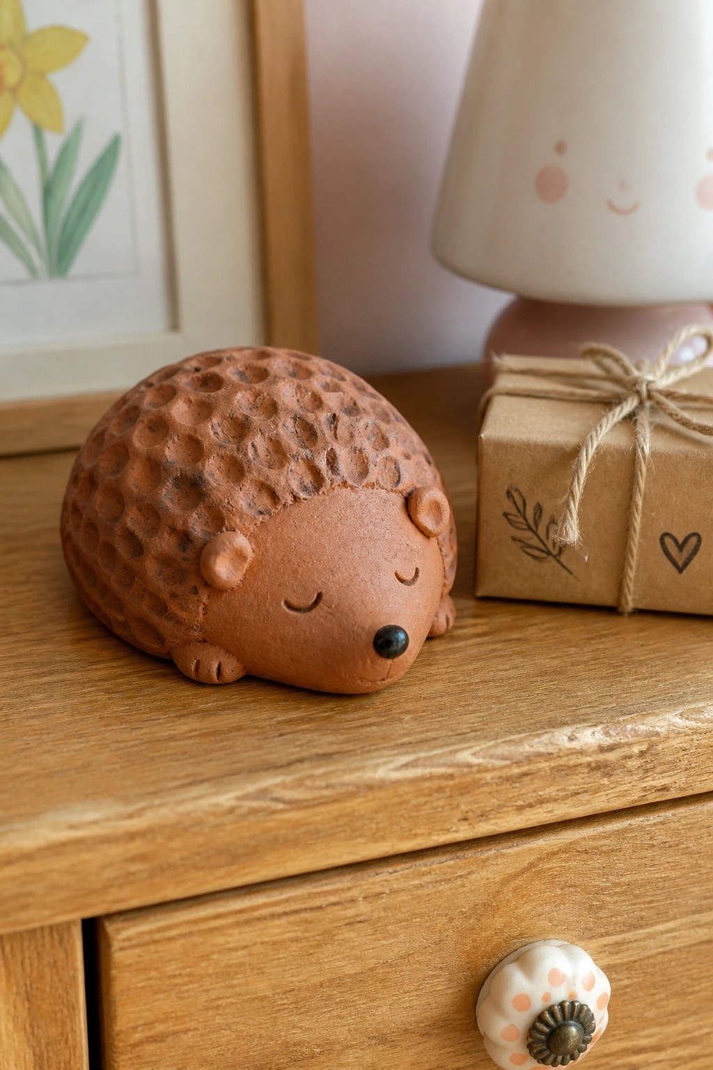 Terracotta hedgehog figurine on wooden table beside wrapped gift and pink lamp