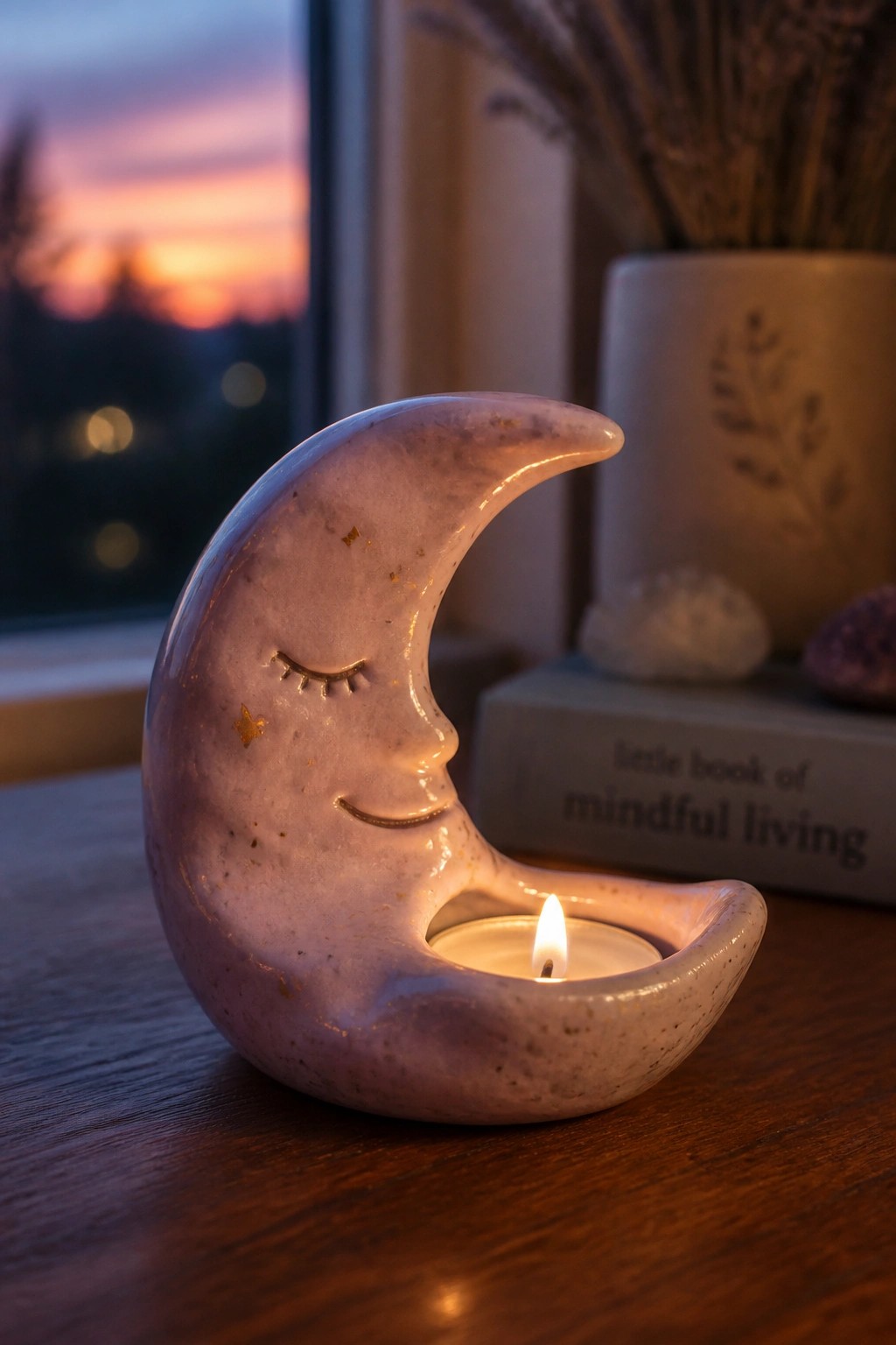 Lavender ceramic moon with smiling face holds lit candle on wooden table.