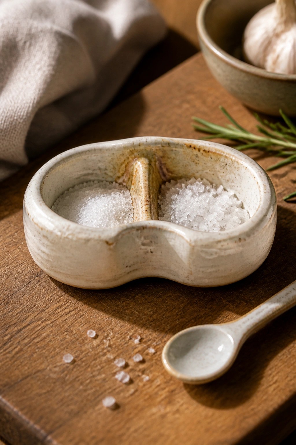 Rustic ceramic divided bowl with white salt beside spoon on wooden board