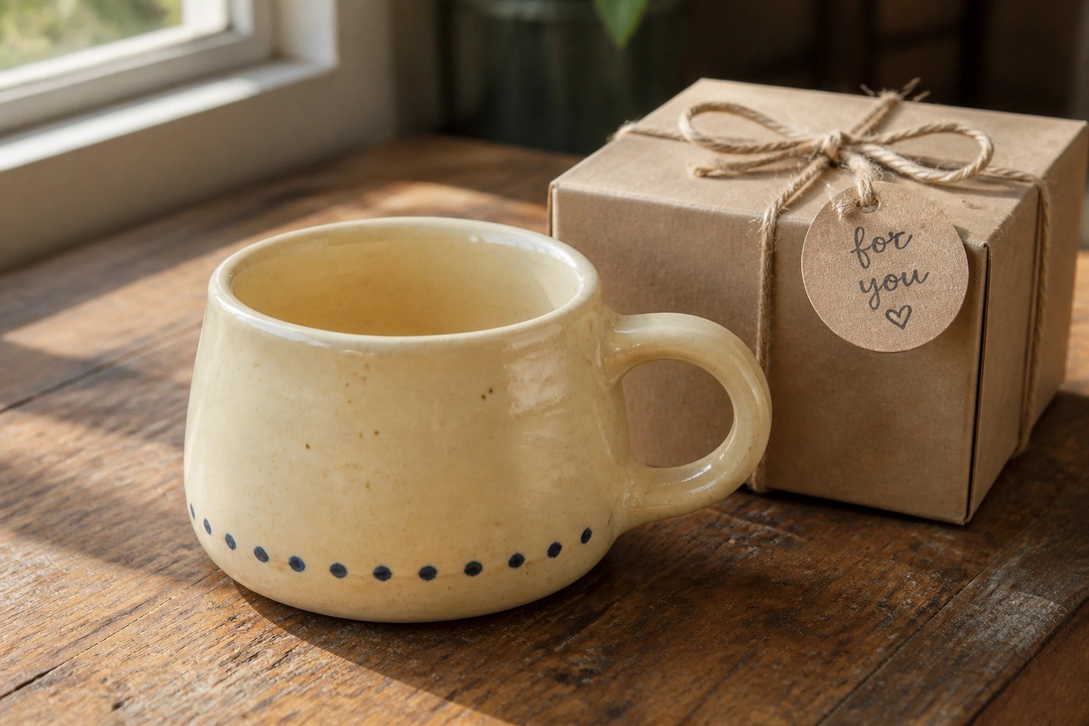 Cream ceramic mug with blue dots beside gift box on rustic wood table
