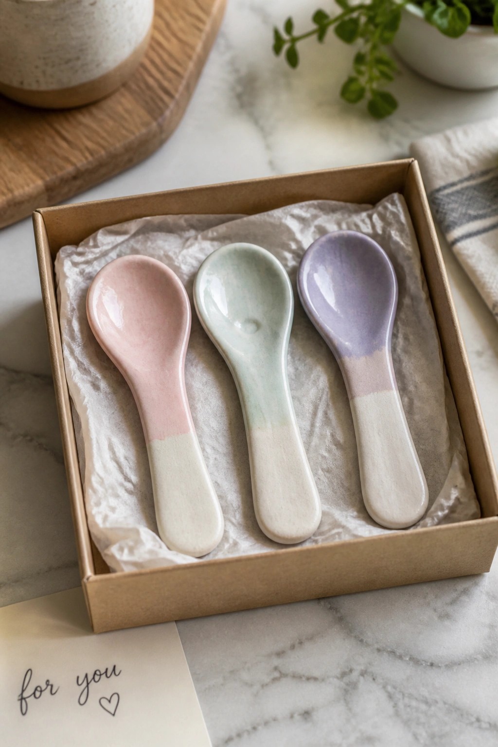 Three pastel ceramic spoons in a brown gift box with tissue paper and note