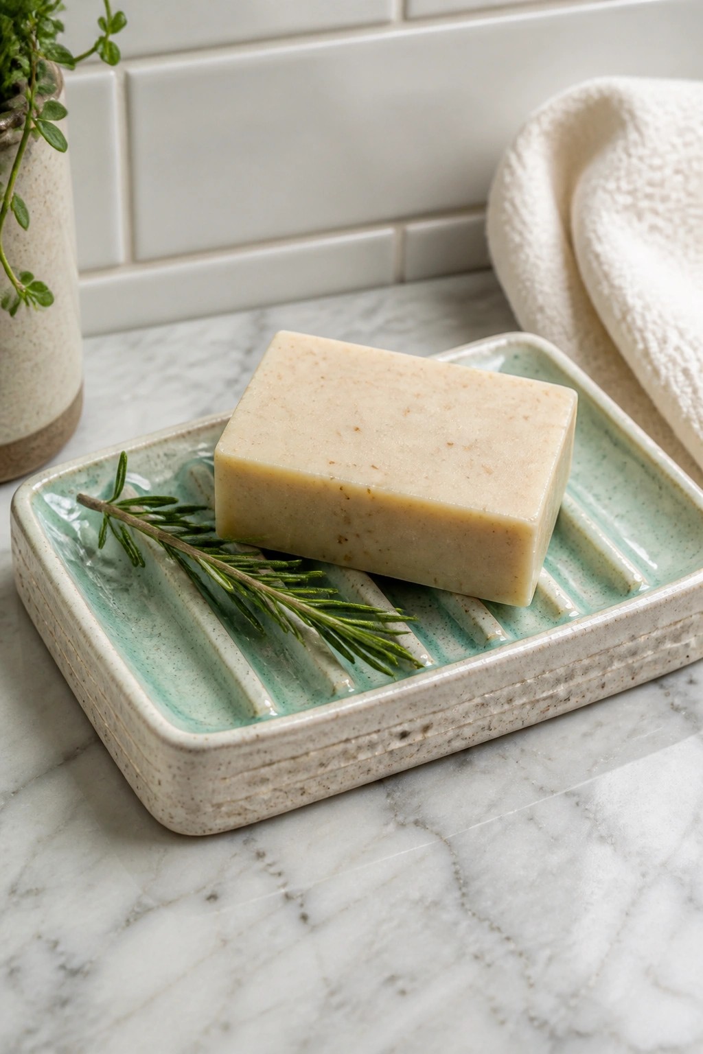 Beige soap bar on ridged green ceramic tray with rosemary on marble