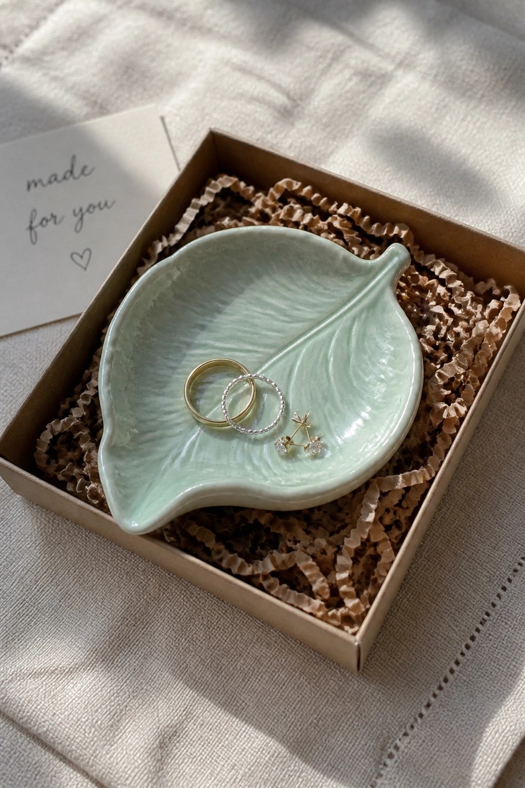 A light green leaf-shaped ceramic dish holding rings and earrings rests in a gift box with crinkle paper and a card.