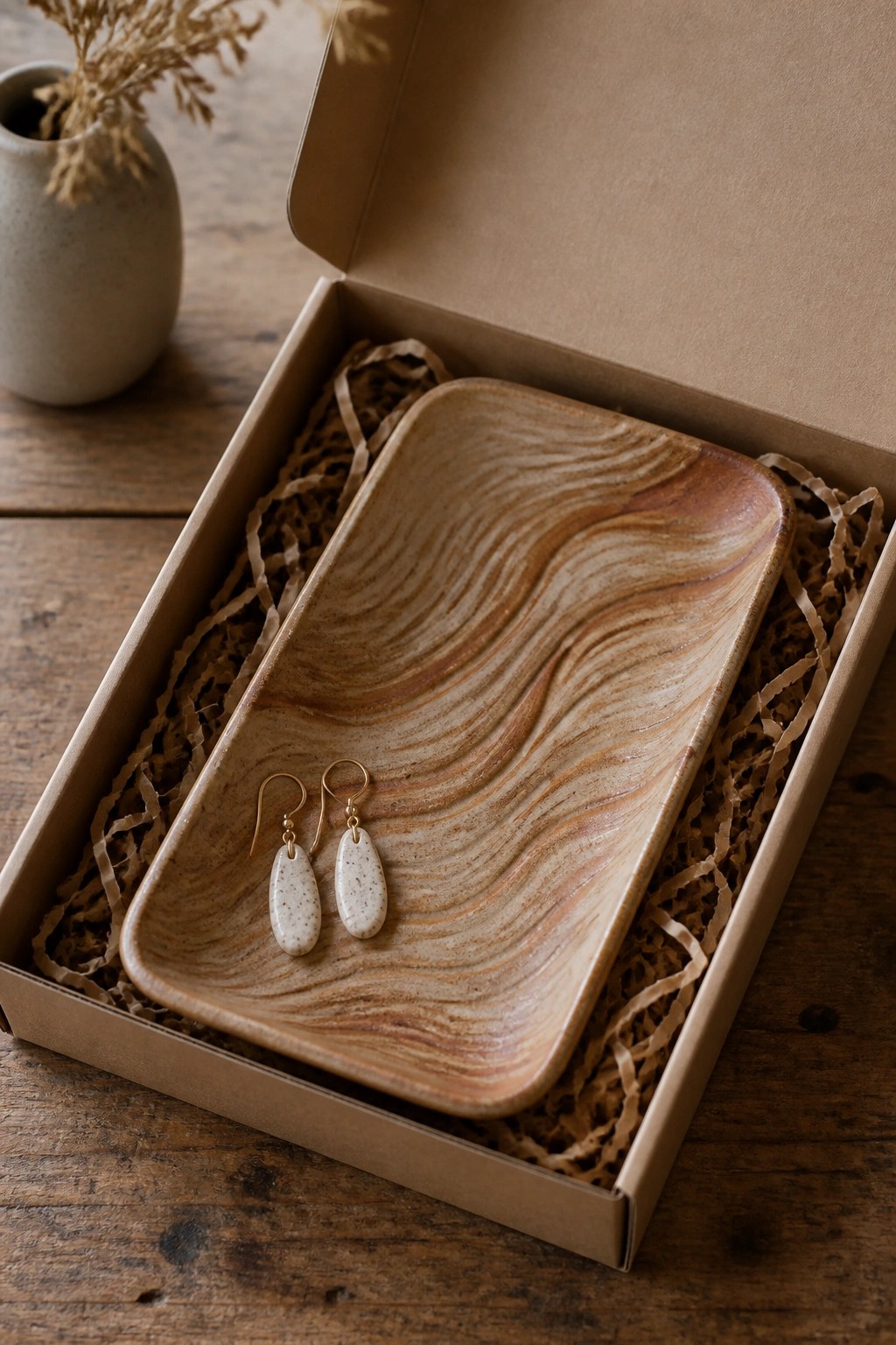 Open cardboard box with marbled ceramic tray and speckled drop earrings in shredded paper