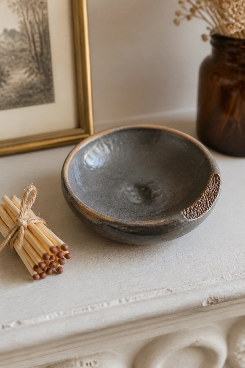 Rustic gray ceramic bowl beside twine-tied matches on white mantelpiece.