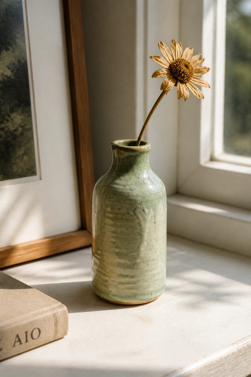 Green ceramic vase with dried daisy on sunlit windowsill beside book