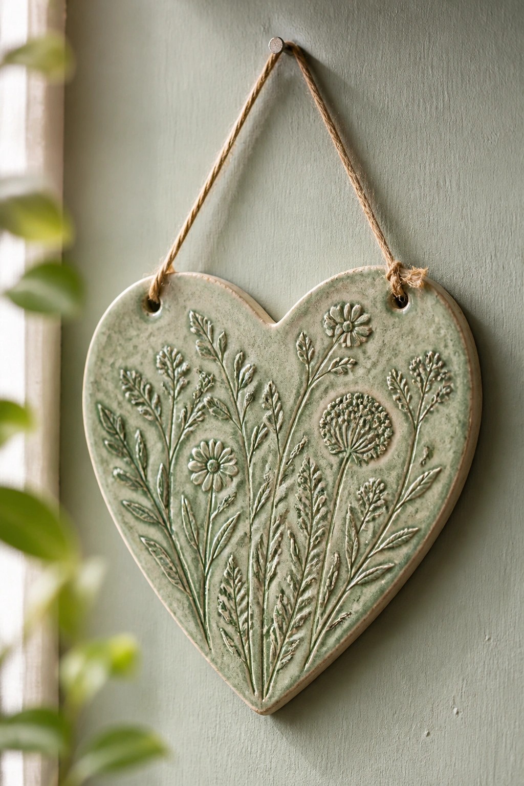 Sage green heart-shaped ceramic plaque with embossed wildflowers hanging on a wall.