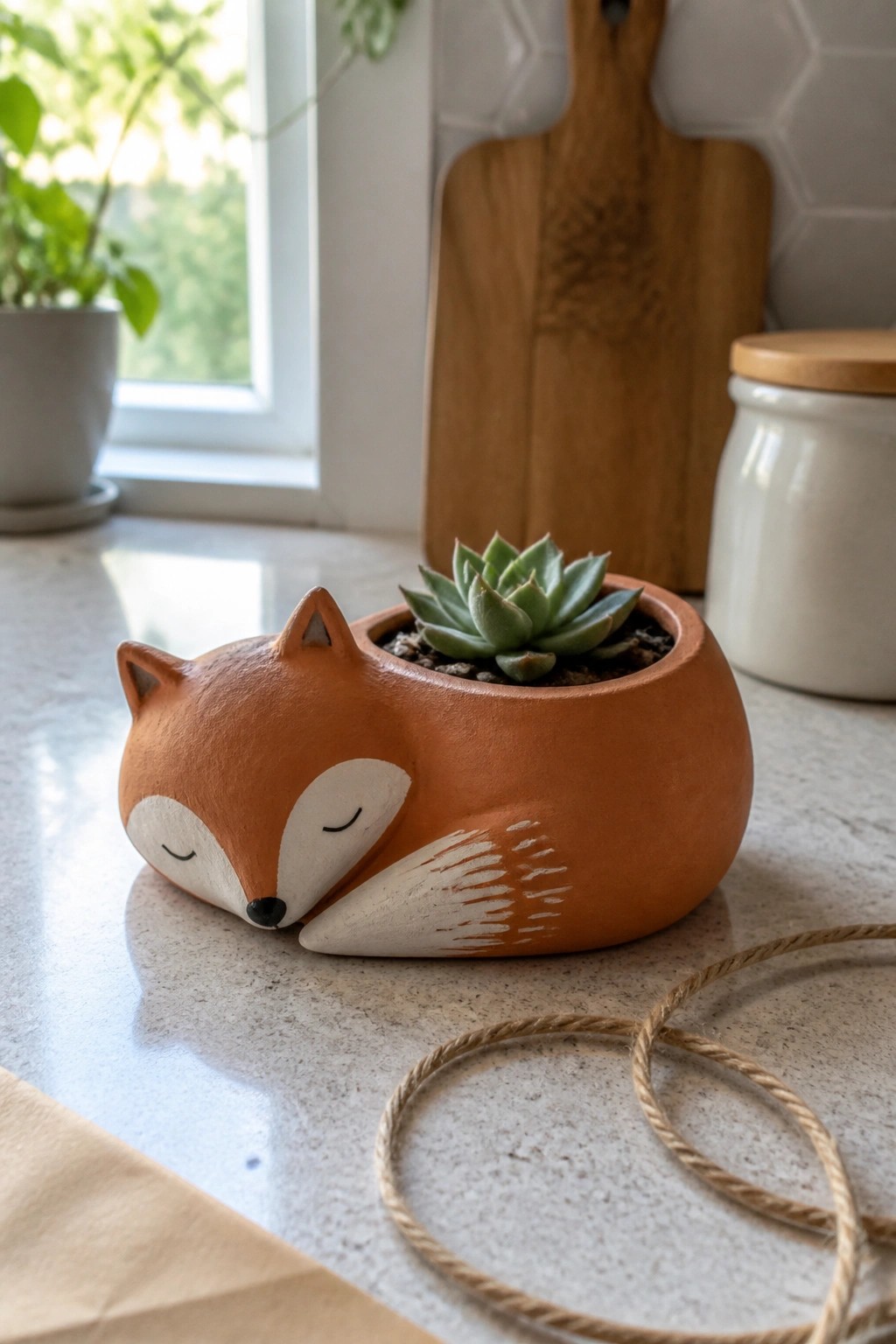 Orange fox-shaped ceramic planter with succulent on kitchen countertop