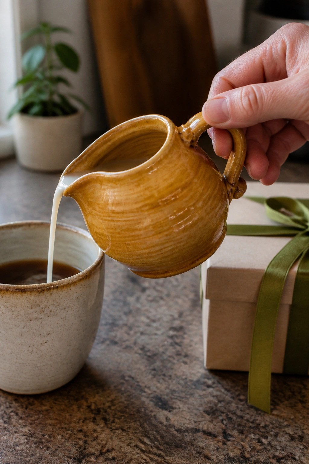 Hand pouring milk from brown ceramic pitcher into speckled coffee cup near gift box