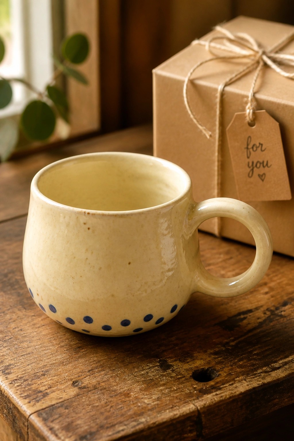 Cream ceramic mug with blue dots beside gift box on rustic wood table