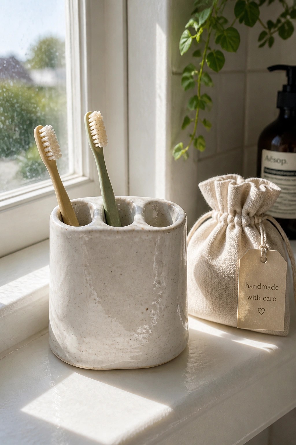Two toothbrushes in a speckled ceramic holder beside a tagged handmade pouch on a windowsill.