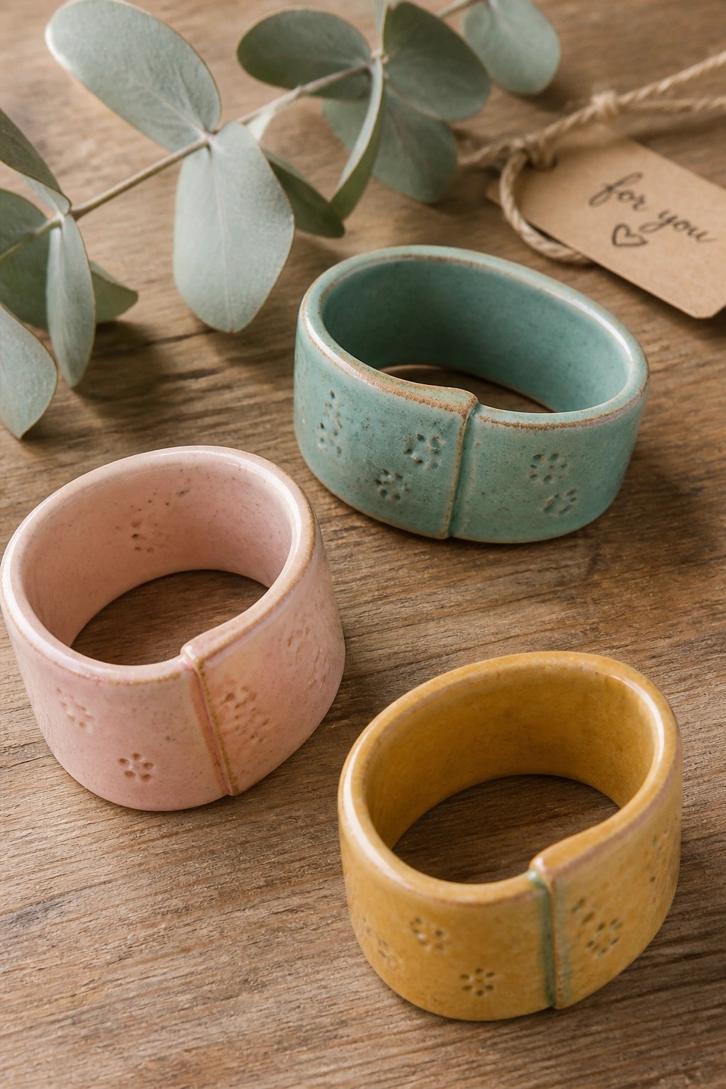 Three pastel ceramic rings in pink, teal, and yellow on wood with eucalyptus leaves