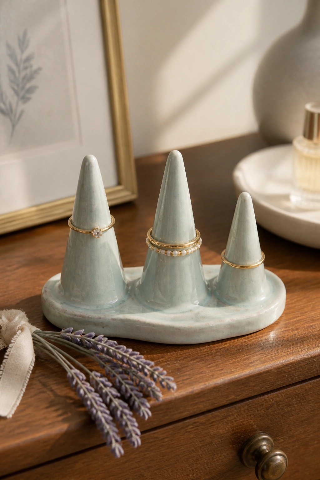 Light blue ceramic ring holder with gold rings and lavender on wood