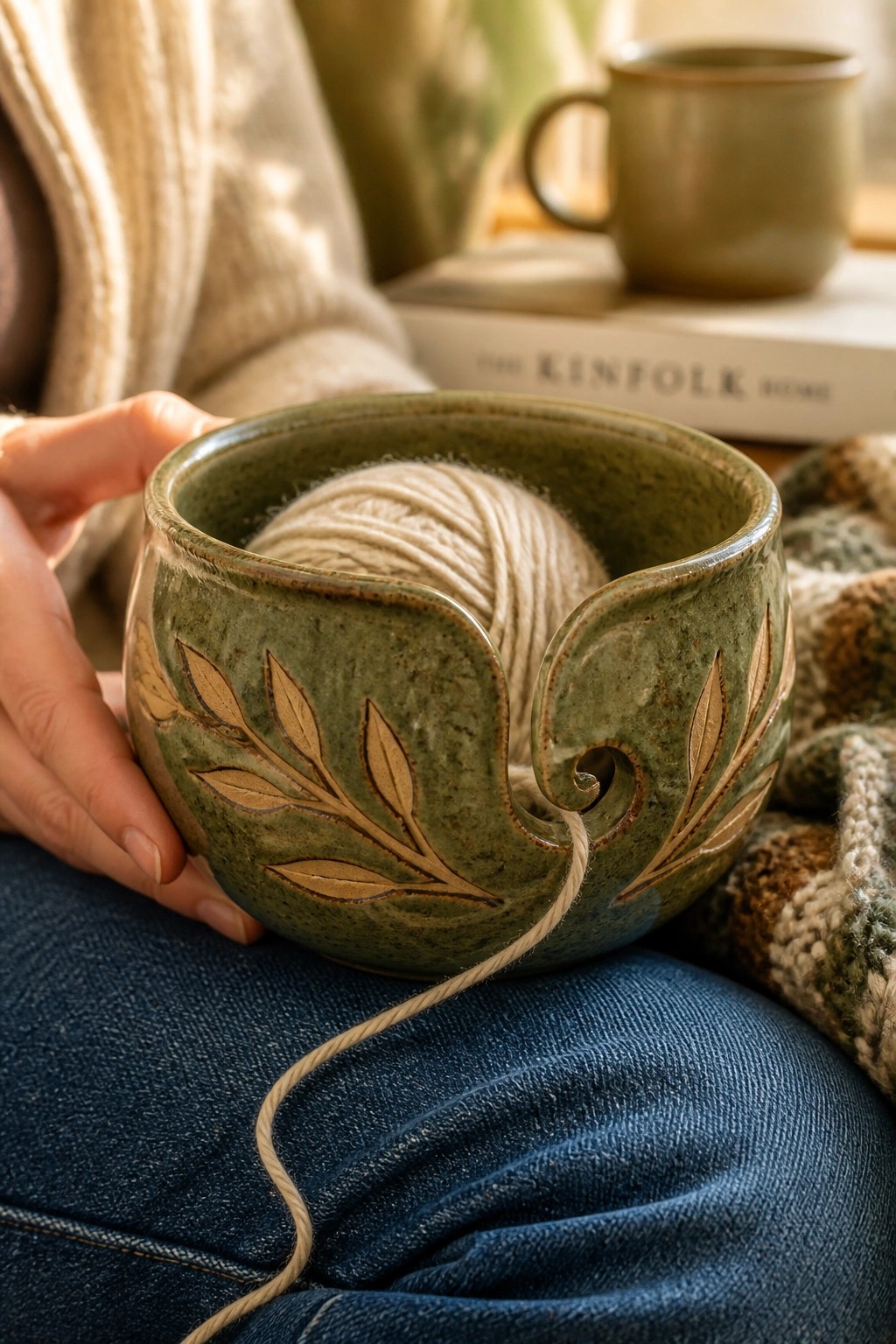 A green ceramic yarn bowl with leaf designs holds a ball of white yarn on a person's lap.