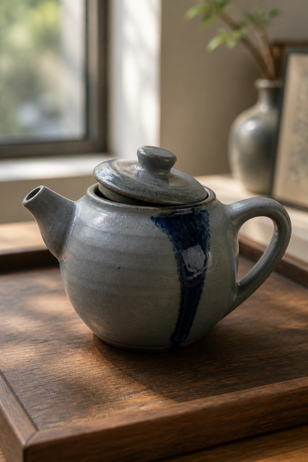 A small ceramic teapot with gray glaze and vertical blue streaks rests on a wooden tray.