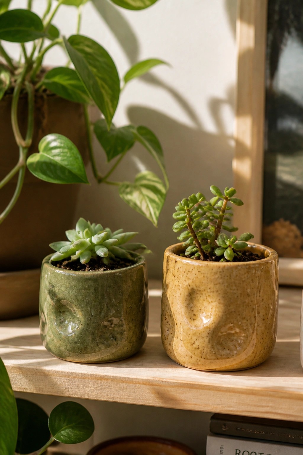 Two succulents in dimpled green and yellow pots on a sunlit wooden shelf.