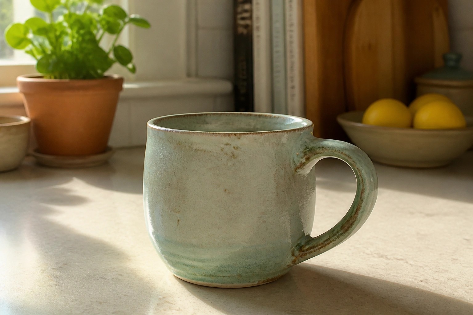 Light teal ceramic mug with handle on sunlit marble kitchen counter