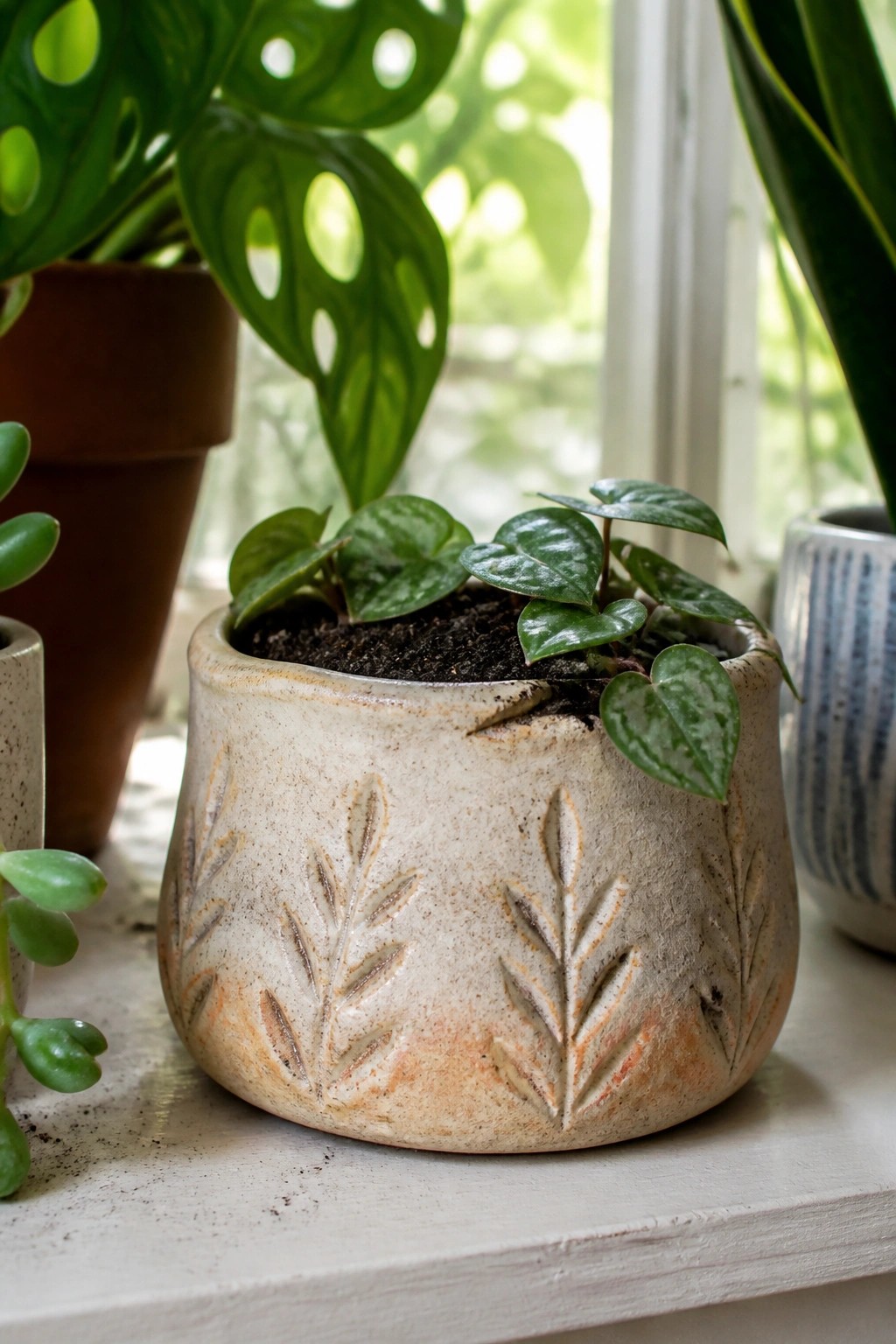 Small speckled-leaf plant in textured beige ceramic pot on windowsill