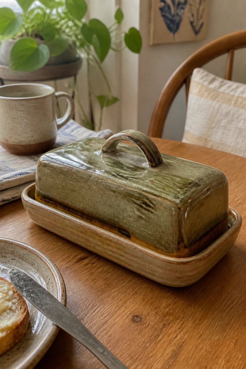 Ceramic rectangular butter dish with green-brown glazed lid and tray on a wooden table beside a knife and plate.