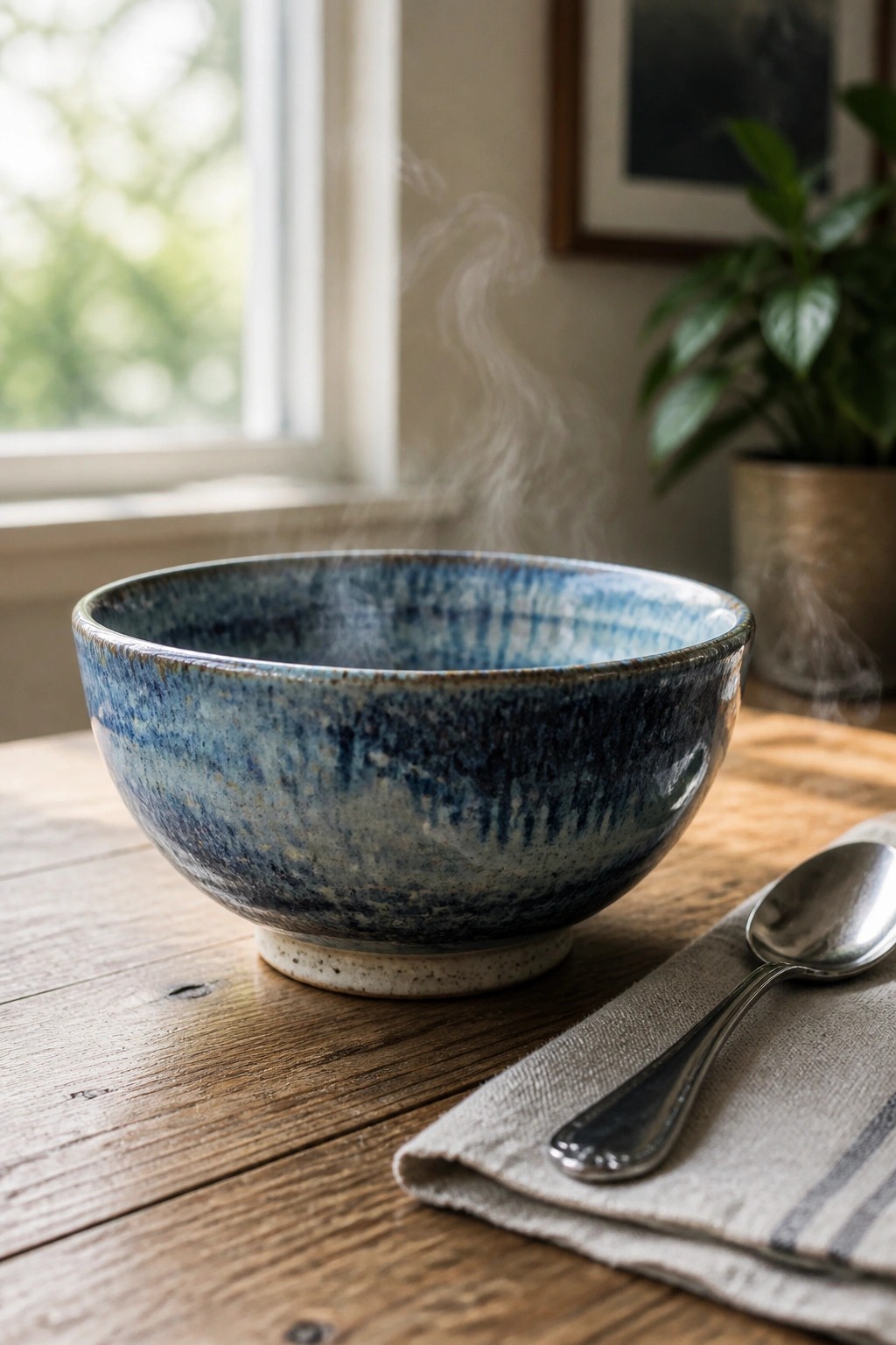 Steaming blue ceramic bowl beside silver spoon on napkin atop wooden table
