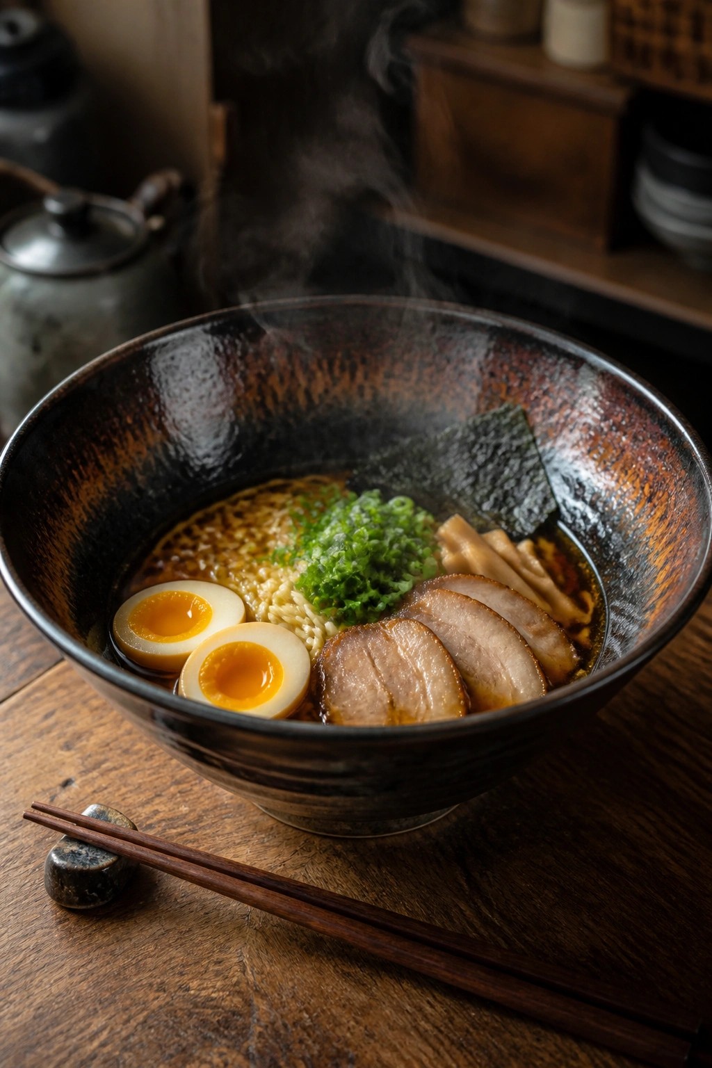 Steaming ramen bowl with eggs, pork, nori, and chopsticks on wooden table