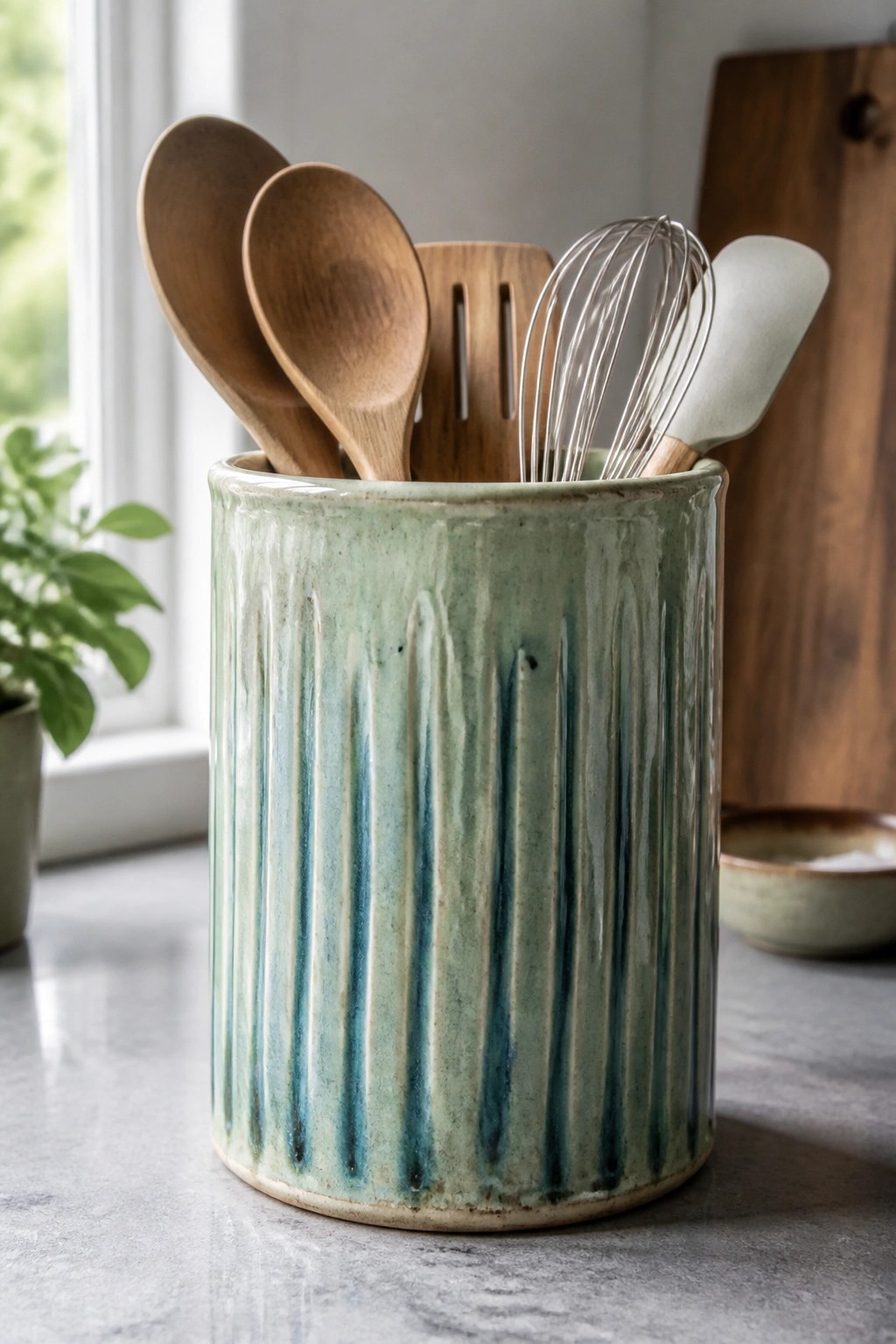 Textured green ceramic crock holding wooden spoons, whisk, and spatulas on counter