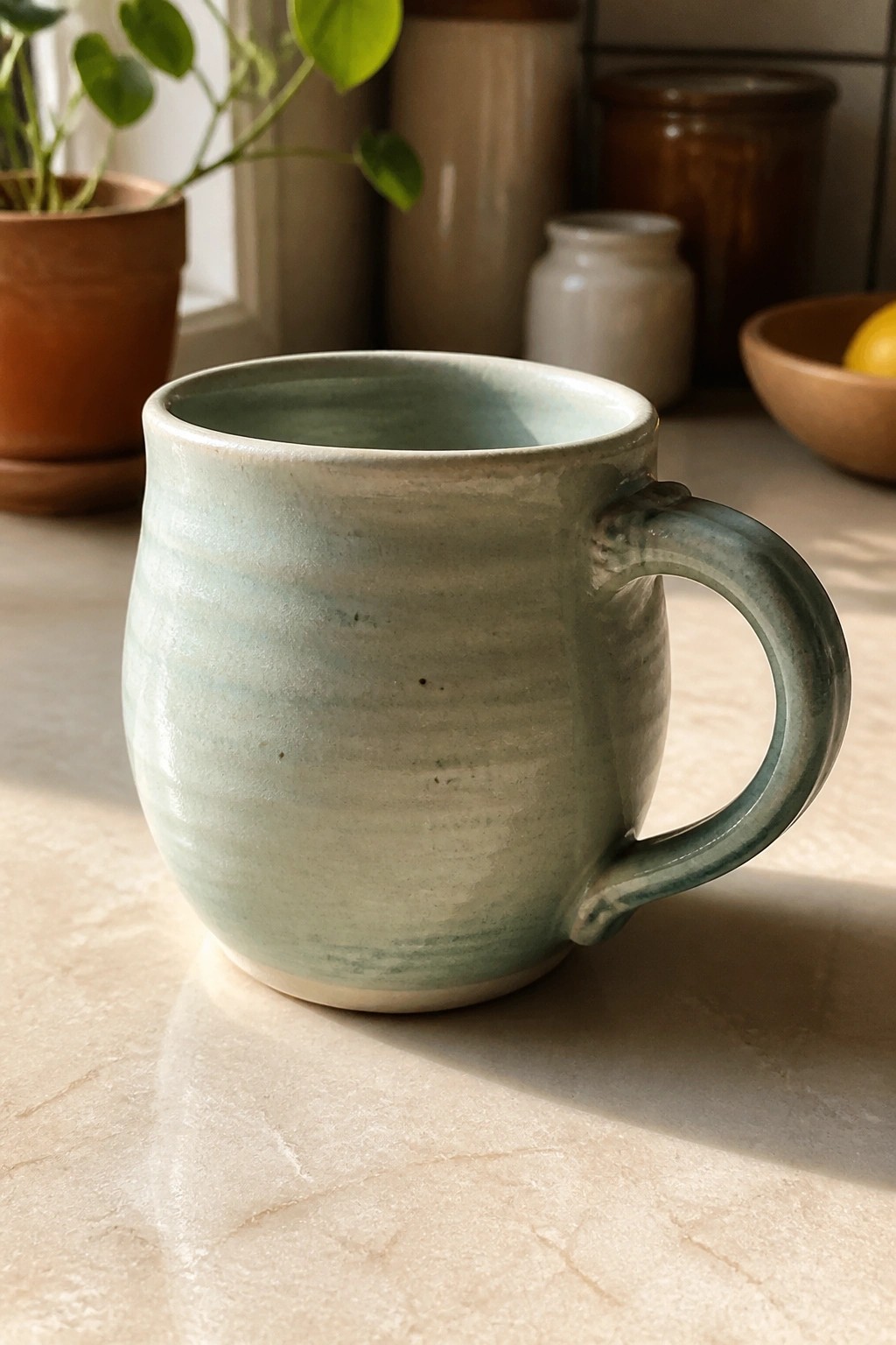 Light teal ceramic mug with handle on sunlit marble kitchen counter