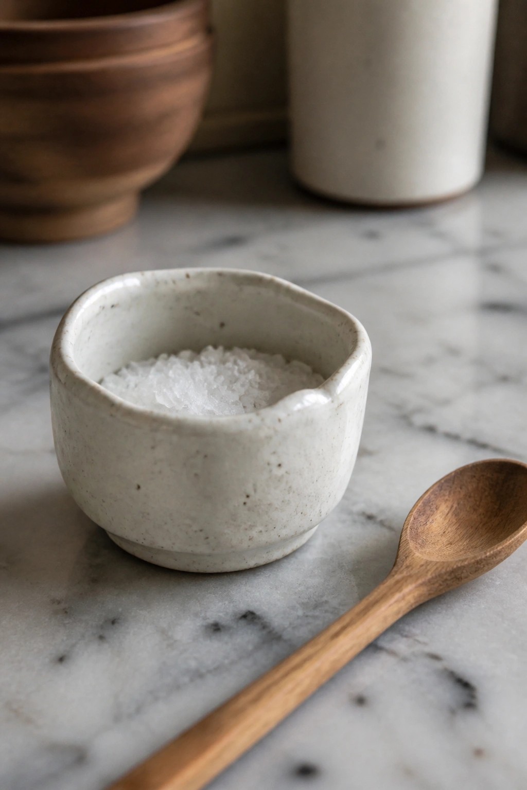 Small speckled bowl of salt beside wooden spoon on marble surface
