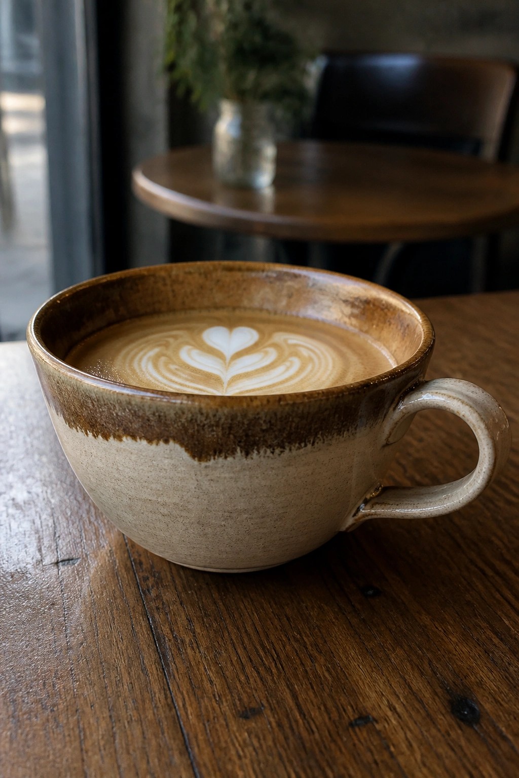 Ceramic mug of coffee with heart-shaped latte art on wooden table