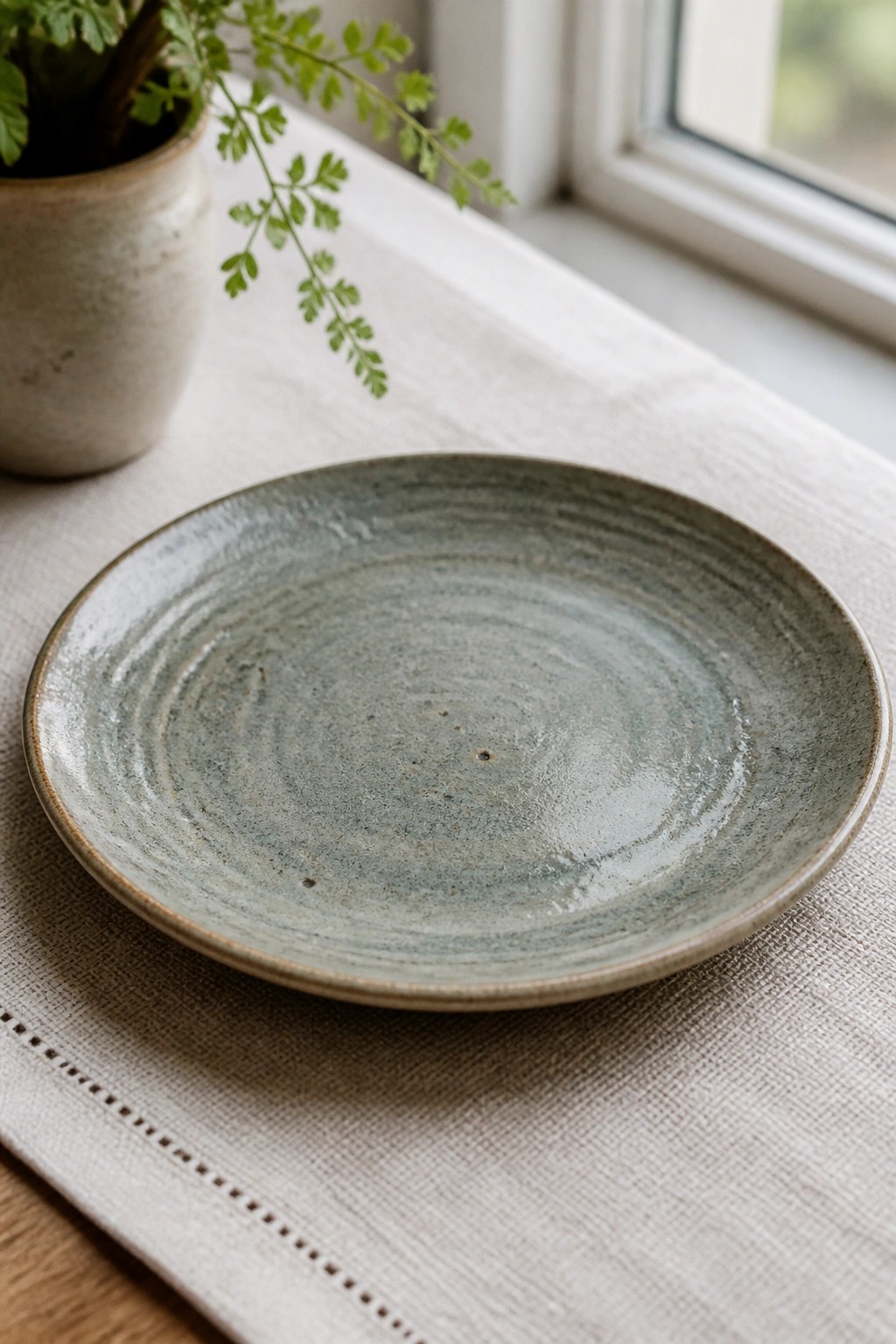 Ceramic plate with swirled green glaze on linen cloth beside potted plant.