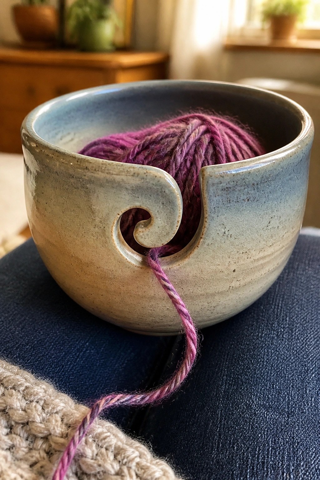 Ceramic yarn bowl with purple yarn ball and strand on blue fabric